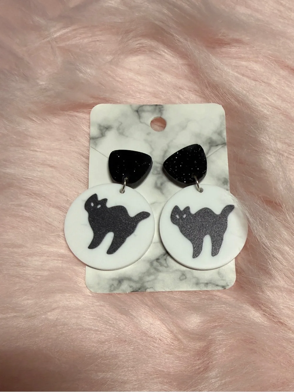 Black Cat Dangle Earrings - White & Black Cat Silhouette
